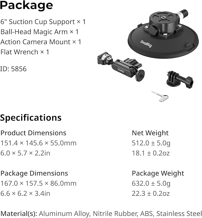 SMALLRIG 6" Suction Cup Mount with Ball Head Magic Arm, Camera Mount for DJI Osmo Action 6/5 Pro/4, for Insta360 x5, for Gopro 13/12, on Car Windshield or Window, Compatible with Action Cameras-5856 - Image 7