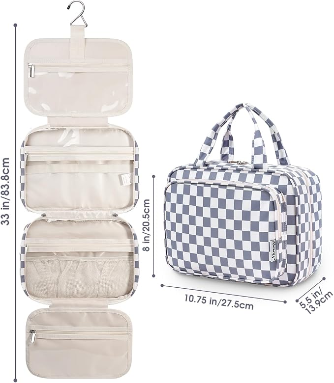 Narwey Hanging Toiletry Bag for Women Travel Makeup Bag Organizer Toiletries Bag for Travel Size Essentials Accessories Cosmetics (Grayish Blue Checkerboard (Medium)) - Image 8