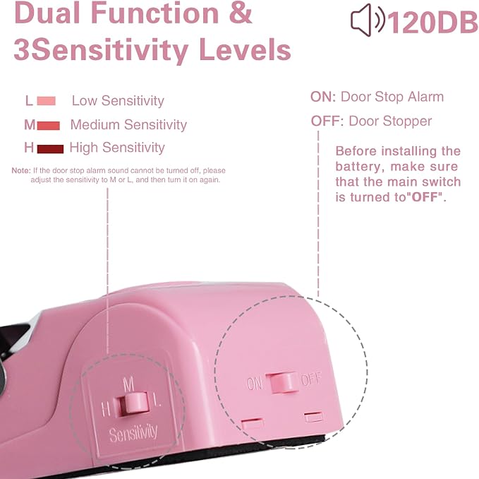 HNHMT 2 Pack Portable Door Stop Alarm, Door Stopper with 120db Loud Security Alarm, Travel Door, Doorstops Wedge Sensors Security Devices for Traveling Apartment Hotel and Home (Pink) - Image 3