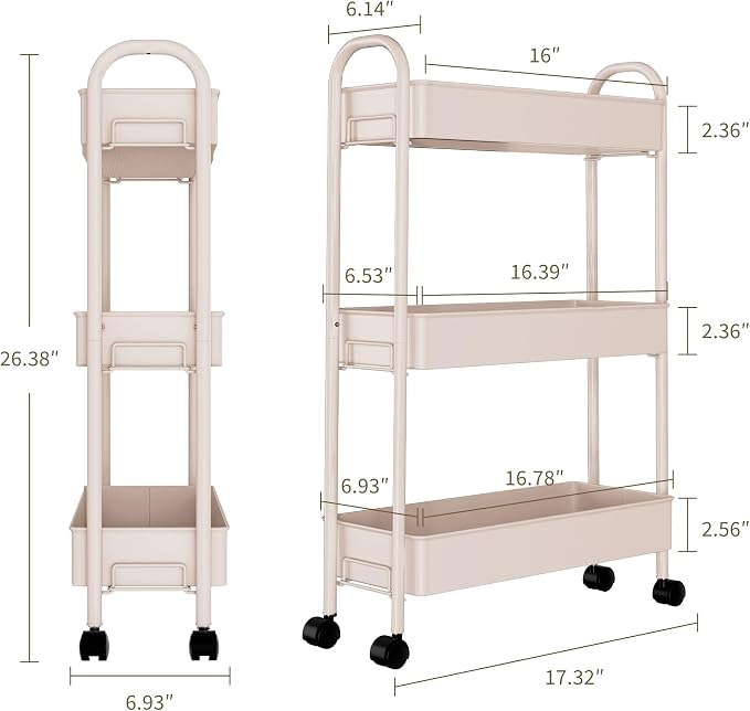 Slim Rolling Cart, Metal Frame Utility Rolling 3-Tier Narrow Storage Cart | Kitchen Storage Organizer, Mobile Shelving Unit for Bathroom Kitchen - Image 2