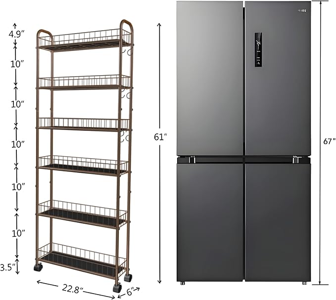6in 6-Tier Slim Storage Cart with Wheels, Metal Narrow Rolling Shelf, Sturdy Slim Storage with Hooks Ideal for Kitchen, Bathroom, and Laundry Room (Champagne Gold) - Image 7
