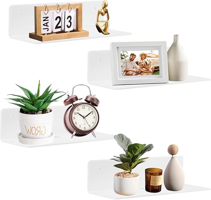 9 Inch Acrylic Floating Shelf No Drill Adhesive Wall Shelf Set of 4 for Funko Pop Storage, Floating Shelves Damage-Free Expand Wall Space for Living Room, Bathroom, Gaming Room, Office - White by LUIUM