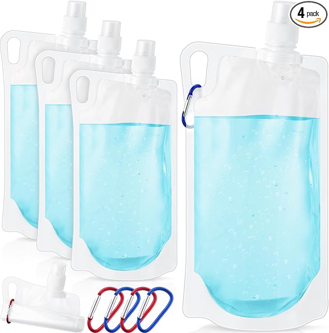 Maxdot 4 Pack 1L Collapsible Travel Water Bottles with Clip 33 oz Clear Foldable Water Pouch Container Bag for Hiking Backpacking Camping Travel Emergency by Maxdot