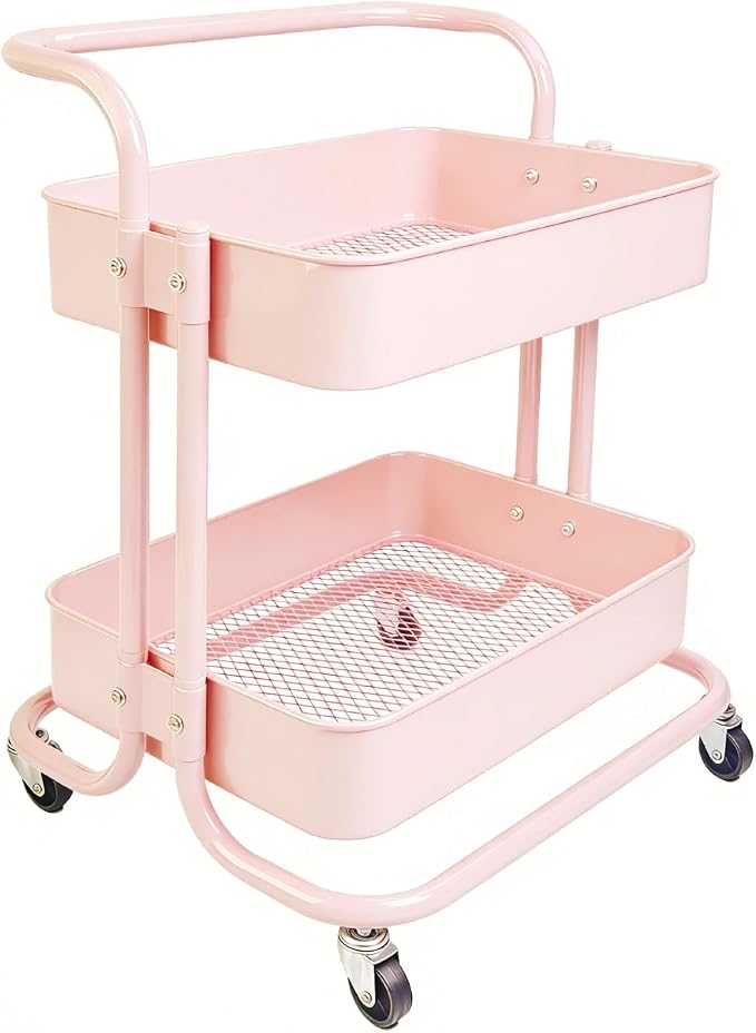 2 Tier Short Rolling Cart with Wheels All-Metal Pink Pantry Storage for Kitchen,Under Desk Trolley with Handle Small Wheeled Storage Cart for Laundry Room Bathroom, Under Table Small Space by Ufriandz