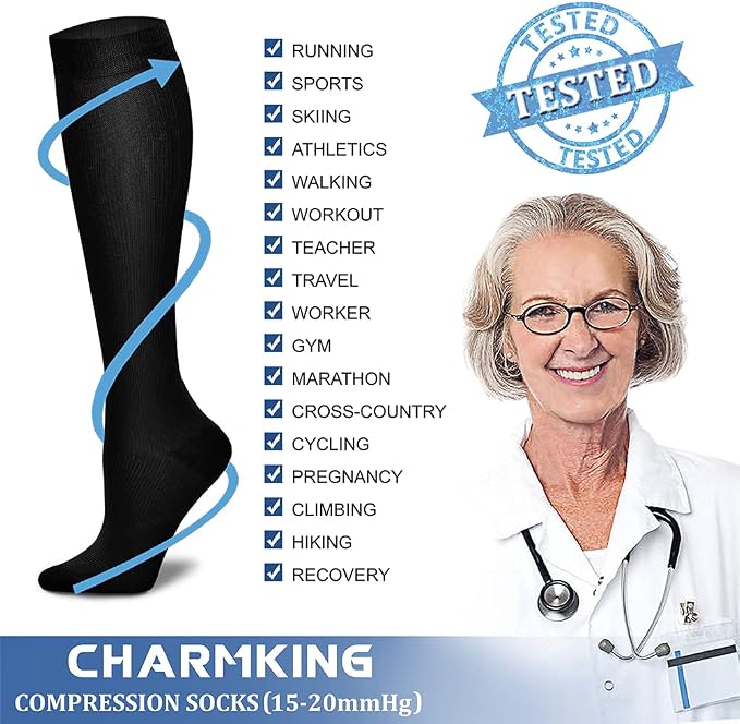 CHARMKING Compression Socks for Women & Men Circulation (8 Pairs) 15-20 mmHg Best Calf Socks Support for Athletic Cycling - Image 5