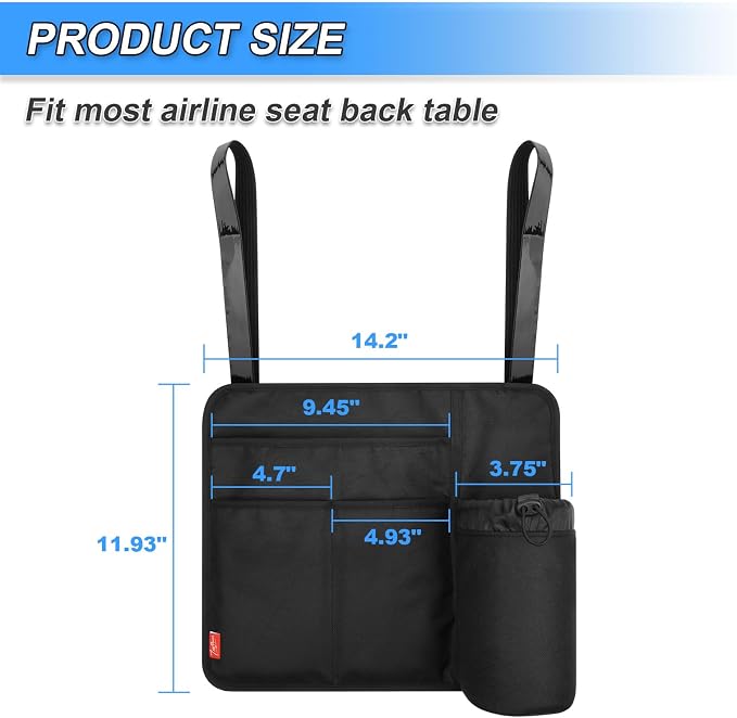 Airplane Seat Back Organizer & Storage, Airplane Tray Table Cover for Personal Items, Airline Seat Hanging Pockets Media Pouch,Reusable Travel Essentials, Fits Tablets, Cell Phone,Water Bottle (Black) - Image 2