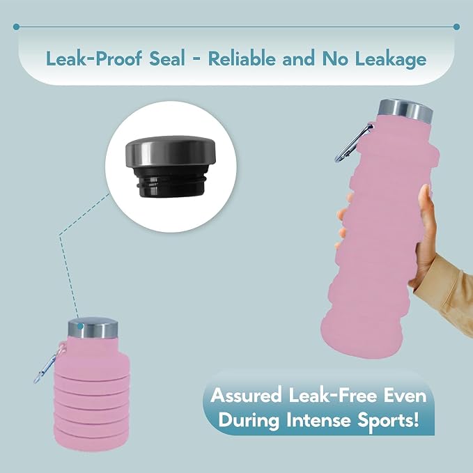 Collapsible Water Bottles 17oz, Odorless BPA-Free Silicone, Leak-Proof Foldable Reusable Bottle - Perfect for Travel Sports Gym Hiking Camping Cycling - Soft Pink - Image 3