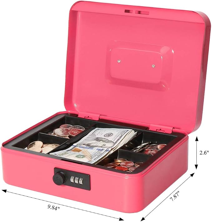 Jssmst Large Cash Box with Combination Lock - Durable Metal Cash Box with Money Tray Pink (9.8 x 7.9 x 3.5), SM-CB07004L, SM-CB014 - Image 2