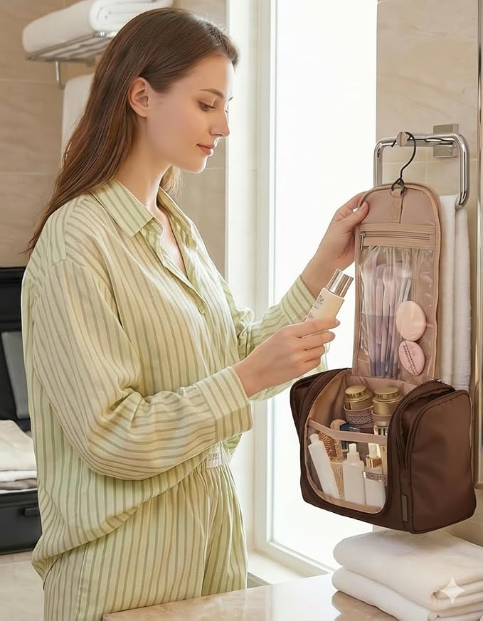 BAGSMART Travel Toiletry Bag for Women, Puffy Hanging Toiletry Bag with Hook, Water-resistant Toiletry Organizer for Full Sized Toiletries (Coffee Brown) - Image 6