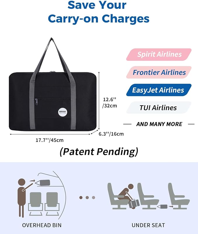 WANDF Personal Item Travel Bag, Carry On Duffle Bag Women | 18x14x8 inches, Airline Underseat Aprroved, Weekend Overnight Trips, Lightweight Packable - Image 3