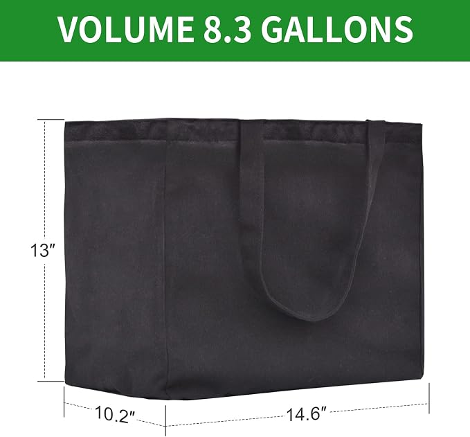 3 Pack Heavy Duty Reusable Canvas Grocery Bags, Holds 60 lbs, 8.3 gal Multi-Purpose Washable Bags with 5 Pockets, Black - Image 2