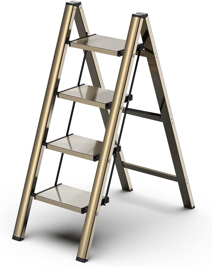 4 Step Ladder, Foldable Aluminum Step Stool with Anti-Slip Pedal | Lightweight yet Sturdy, Portable, Non Slip Feet, 300Lbs Capacity, Elegant Look, for Kitchen, Closet, Pantry, Champagne Gold by GameGem