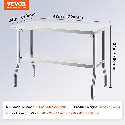 VEVOR Stainless Steel Foldable Work Table, 48 * 24 Inch Heavy Duty Food Outdoor Double Layer Stainless Steel Worktable for Commercial Kitchen Restaurant | For Commercial, Kitchen, Restaurant, Indoor and Outdoor Use, Polished Finish, Heavy Duty, Quick-F... - Image 3