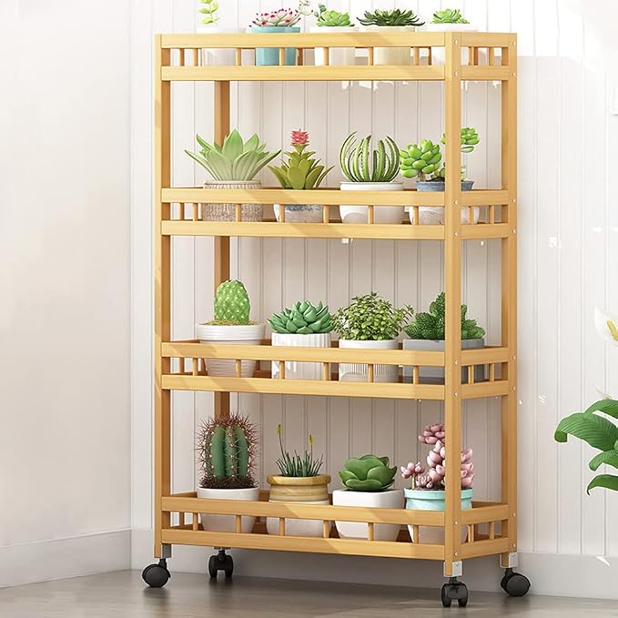 4-Tier Bamboo Utility Kitchen Rolling Cart Trolley Island Storage Shelf | (19.7" L X 7.1" W X37.8" H) Wood Removable Multi-Layer Rack on Wheels - Image 7