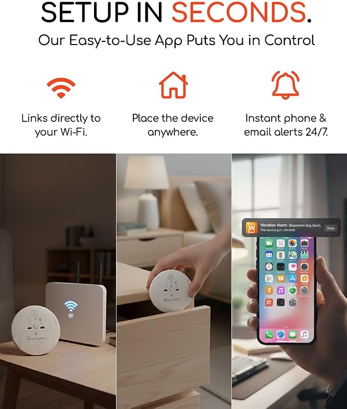 WiggleWorm Alert™ Mini Motion Vibration Sensor Alarm (2-Pack) – Stick Anywhere Smart Home Detector for Jewelry Box, Kids Door, Safe & Mailbox | Phone App Instant Alerts, Audible & Silent Modes - Image 4
