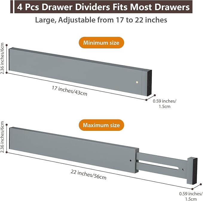 4 PCS Drawer Divider, 17"-22" Adjustable Bamboo Drawer Dividers Organizers, Expandable Separators for Kitchen, Clothes, Dressers, Home, Office, Gray - Image 2
