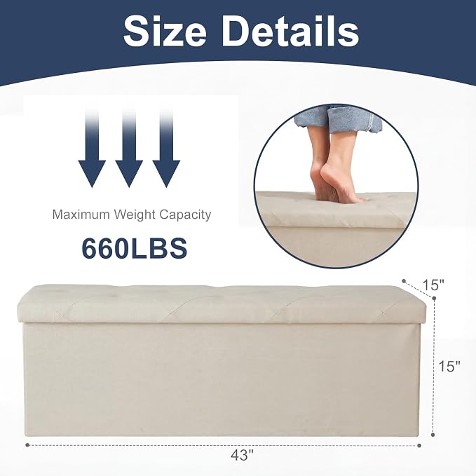 DUMOS 43 Inch Folding Storage Ottoman Bench, Large Ottoman with Storage | Storage Chest with Thicker Foam Padded Seat, End of Bed Foot Rest Stool for Bedroom Living Room Entryway, Load 660 lbs, Beige - Image 3