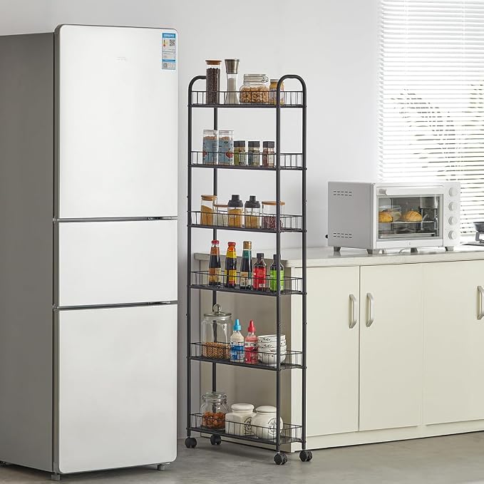 6 Tier Slim Rolling Storage Cart, Mobile Shelving Unit with Wheels, Metal Wire Storage Rack with Baskets for Kitchen Bathroom Office Laundry Narrow Piaces (6in Slim Rolling Cart) - Image 2