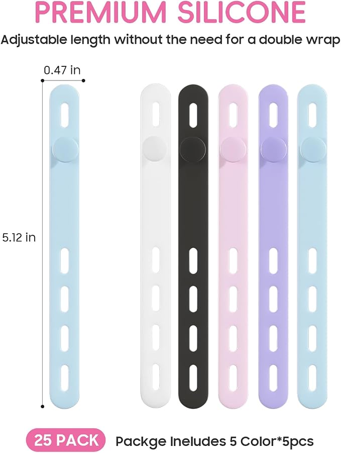 25Pack Silicone Cable Ties,Reusable Cord Organizer for Bundling Electrical Cords,Adjustable Data Cable Organizer Ties,High Elasticity Cable Straps for Home/Office/School/Travel(5 Colors) - Image 2