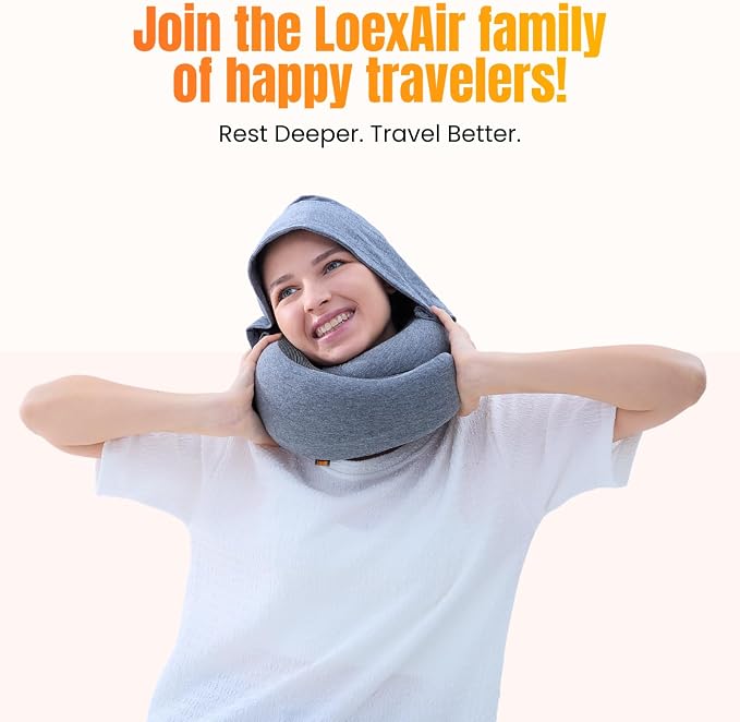 LOEXAIR™ Travel Pillow, Neck Pillow Travel for Airplane, Car - 100% Cotton Fabric & Memory Foam Plane Pillow, Lightweight & Easy-to-Carry on Flight, Full Travel Set (Eye Mask, Earplugs) - Light Grey - Image 9