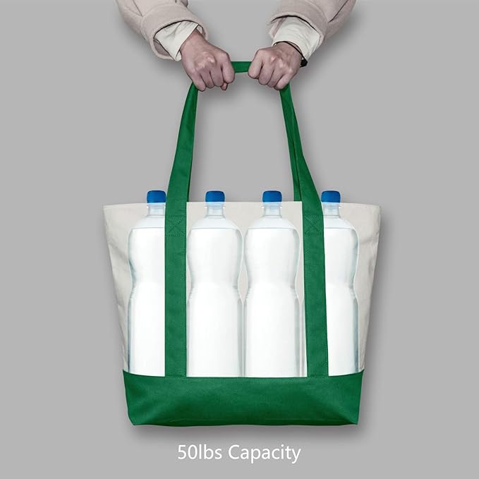 TOPDesign 3-Pack Canvas Tote Bags with an External Pocket, Reusable Grocery Shopping Bags, Top Zipper Closure, Daily Essentials (Green/Natural) - Image 6