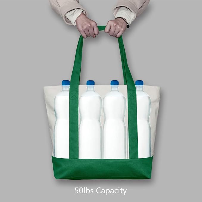 TOPDesign 6-Pack Canvas Tote Bags with an External Pocket, Reusable Grocery Shopping Bags, Top Zipper Closure, Daily Essentials (Green/Natural) - Image 6
