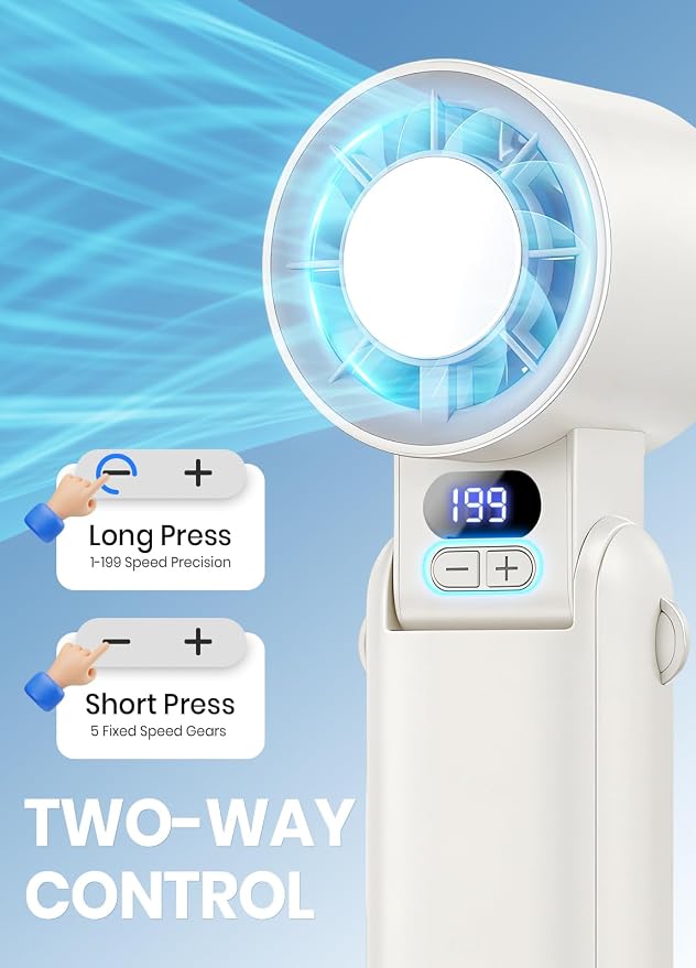 Portable Handheld Turbo Fan, 1-199 Speed Adjustable, White | 4 IN 1 Pocket Design with LED Display, High-Power Motor, Rechargeable Battery, Mini Fans for Indoor/Outdoor/Travel/Work - Image 4