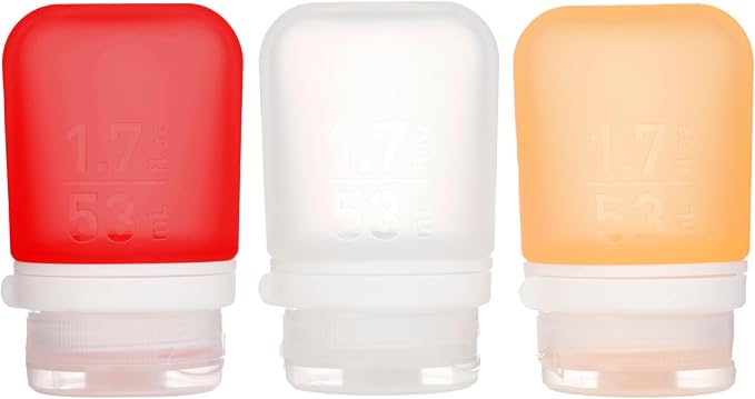 humangear GoToob+ 3-Pack, Small (1.7 fl oz), Clear/Red/Orange | Refillable & Leak-Proof Silicone Travel Size Bottles with Locking Cap for Toiletries, Camping & TSA Carry-On by humangear