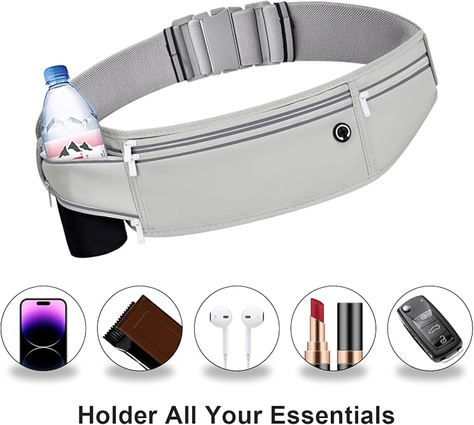 Slim Running Belt for Women Men,Runners Fanny Pack Phone Holder,Money Belt,Running Gear Accessories,with 3 Pockets (Gray) - Image 2