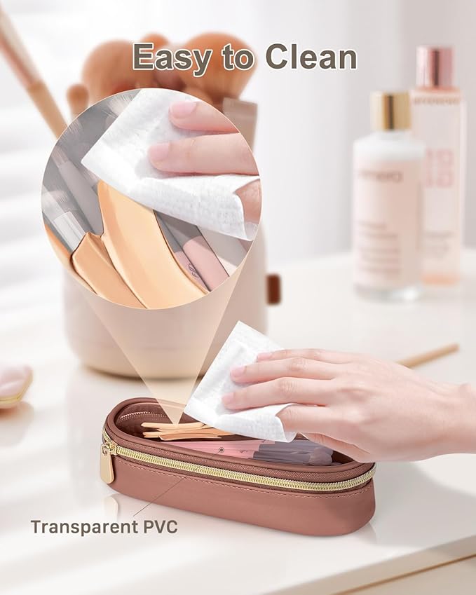 Soimeat Clear Travel Makeup Brush Holder, Leather Makeup Brush Toiletry Bag, Portable Cosmetic Brush Case, Transparent Waterproof Makeup Brush Storage Bag, Brown - Image 4