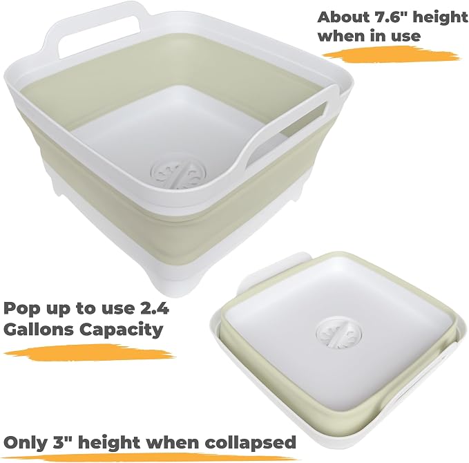 Collapsible Wash Basin for Baby Bottles - 2.4 Gallons Portable Wash Bin for RV Camping Sink, Space-Saving Dish Tub (Green) - Image 3
