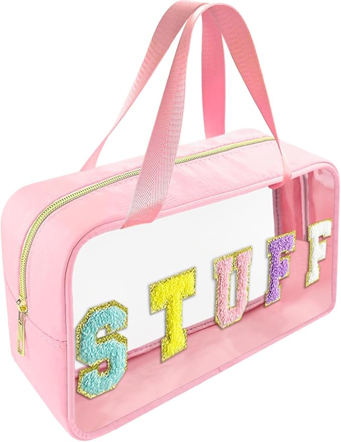 Chenille Letter Clear Makeup Bag Stuff Patch, Travel Toiletry Makeup Bag with Handle, Nylon Waterproof Makeup Bags clear cosmetic bag, preppy patch makeup bag for Women (STUFF-Pink) by Bunliuys