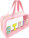 Chenille Letter Clear Makeup Bag Stuff Patch, Travel Toiletry Makeup Bag with Handle, Nylon Waterproof Makeup Bags clear cosmetic bag, preppy patch makeup bag for Women (STUFF-Pink) by Bunliuys