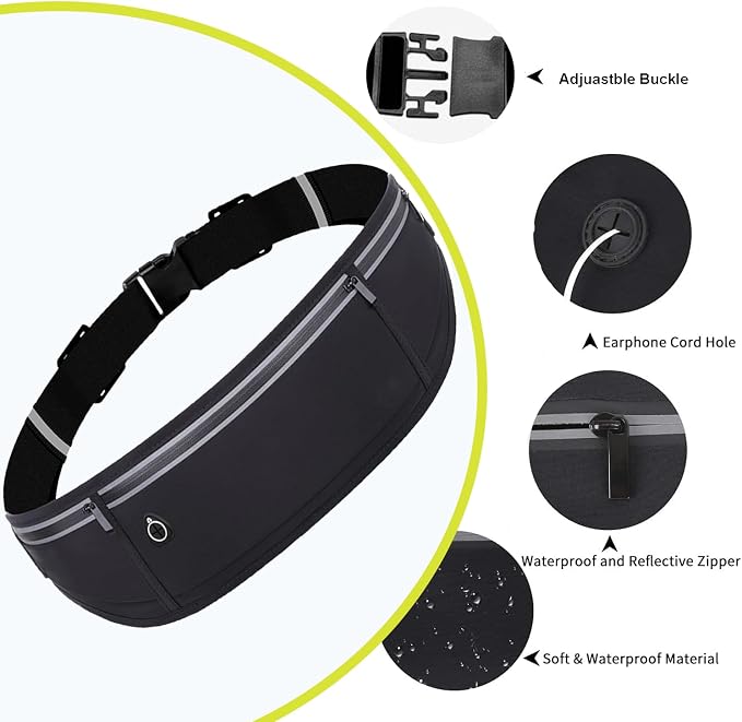 Slim Running Belt Fanny Pack for Men Women, Adjustable Running Phone Holder with 3 Pockets, Reflective Fitness Fanny Pack for Phones up to 7.2 inch, Water Resistant Sports Waist Bag, Black - Image 4