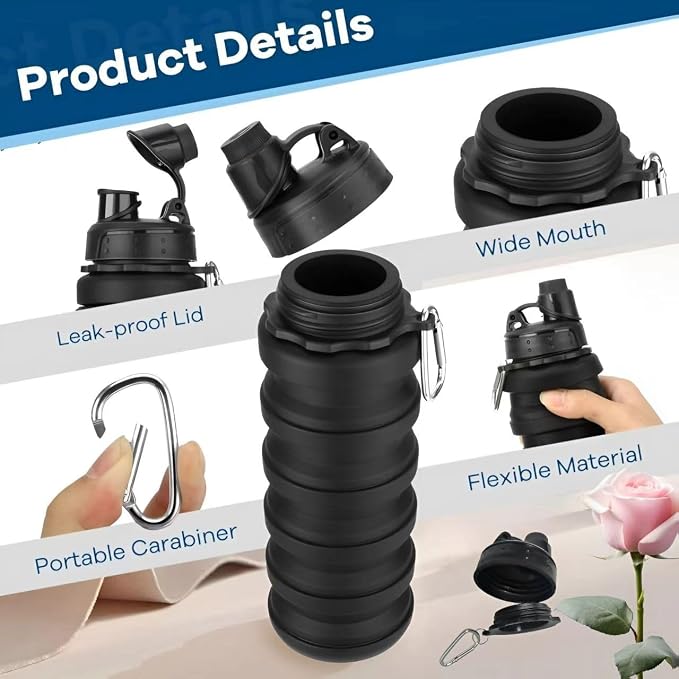 Collapsible Water Bottles 2 Pack 500ml Black+Light Grey | Travel Sports Portable Water Bottle Reusable Water Bottles silicone Water-proof camping water bottle. - Image 3