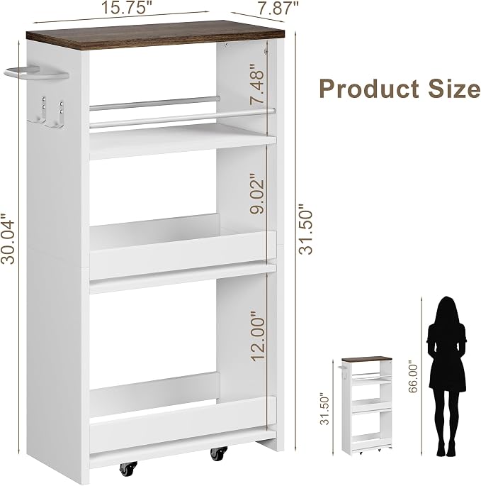 ChooChoo 4-Tier Slim Storage Cart, 7.87 inches Wide Narrow Storage Cabinet with 360° Wheels and 2 Hooks, Space-Saving Organizer for Kitchen, Narrow Places, Dining Room, Walnut+White - Image 2