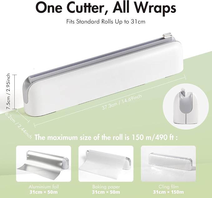 Aluminum Foil & Plastic Wrap Dispenser with Cutter - Easy One-Hand Operation, Space-Saving Kitchen Organizer for Worktops & Cabinets, Magnetic Cling Film Dispenser - Fits 12" Rolls, Gray - Image 4