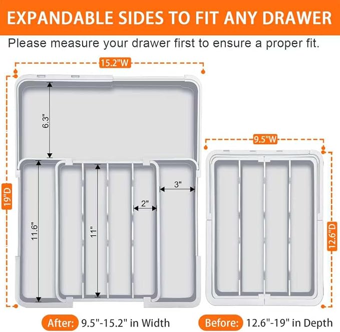 Silverware Drawer Organizer Tray, Adjustable Cutlery Storage for Kitchen, Expandable Flatware and Utensil Holder Divider for Spoons Forks Knives Tableware, 15 x 19, 4-7 Slots, Gray - Image 2