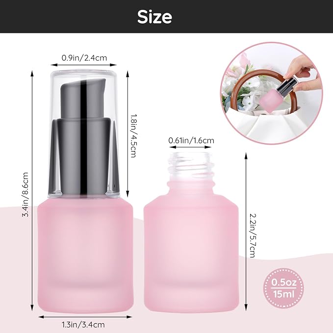 Segbeauty 0.5oz Frosted Glass Lotion Pump Bottles, 5pcs Refillable Empty Travel Size Bottles for Lotions, 15ml Pink Glass Small Travel Containers for Creams, Mini Hair Oil Bottle Pump Dispenser - Image 3