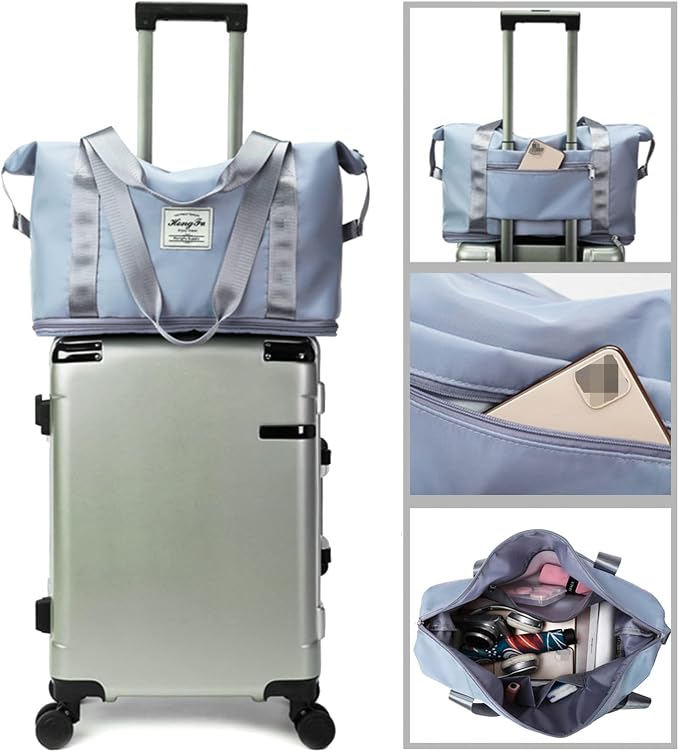 Large Capacity Folding Travel Bag, Lightweight Waterproof Luggage Bag, Expandable Travel Duffel Bag, Dry Wet Separated Gym Tote Bag, Weekender Overnight Bags for Women and Man (Blue) - Image 4