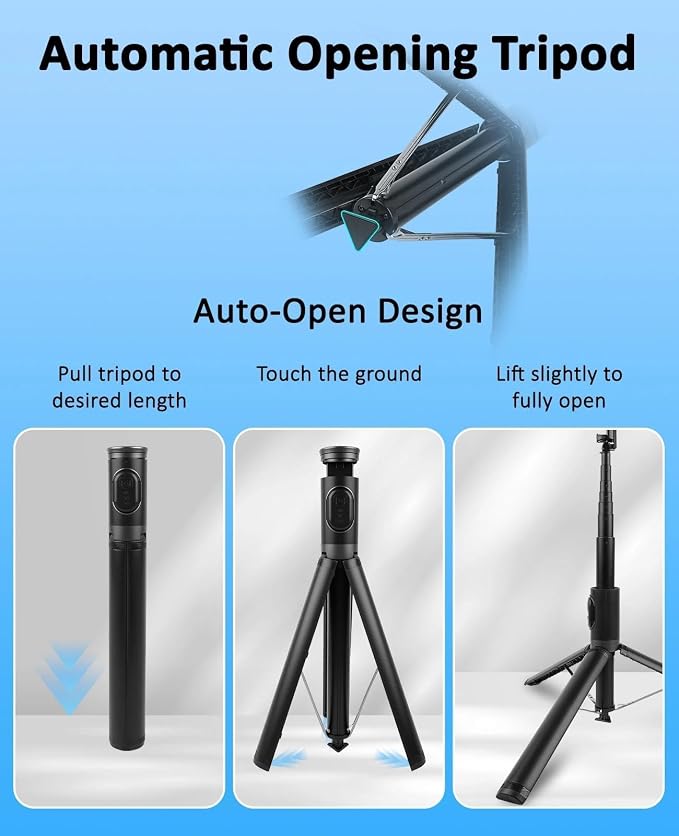 WOVTE 67" Automatic Phone Tripod, Auto-Open Selfie Stick Tripod with Wireless Remote, Portable Travel Phone Stand Compatible with iPhone/Android for Photograph, Video Recording, Live Streaming (Black) - Image 3
