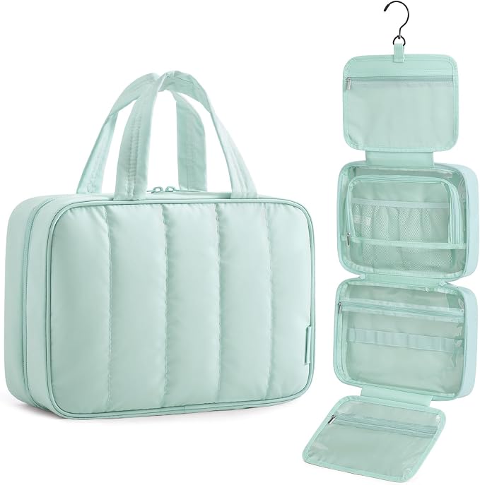 BAGSMART Travel Toiletry Bag for women, Portable Hanging Hook Makeup Bag Organizer, Waterproof Makeup Cosmetic Bag, for Full-Size Accessories, Toiletries,Baby Blue by BAGSMART