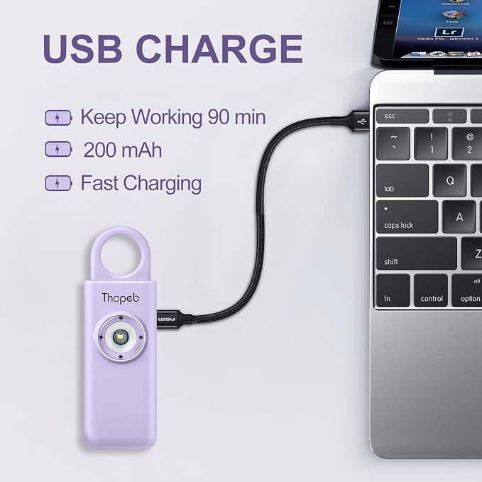 Thopeb Personal Safety Alarm for Women – Upgraded Rechargeable | Strobe with Separate Switch, 135dB Siren, Long-Lasting Protection, Stylish Keychain (Purple) - Image 2