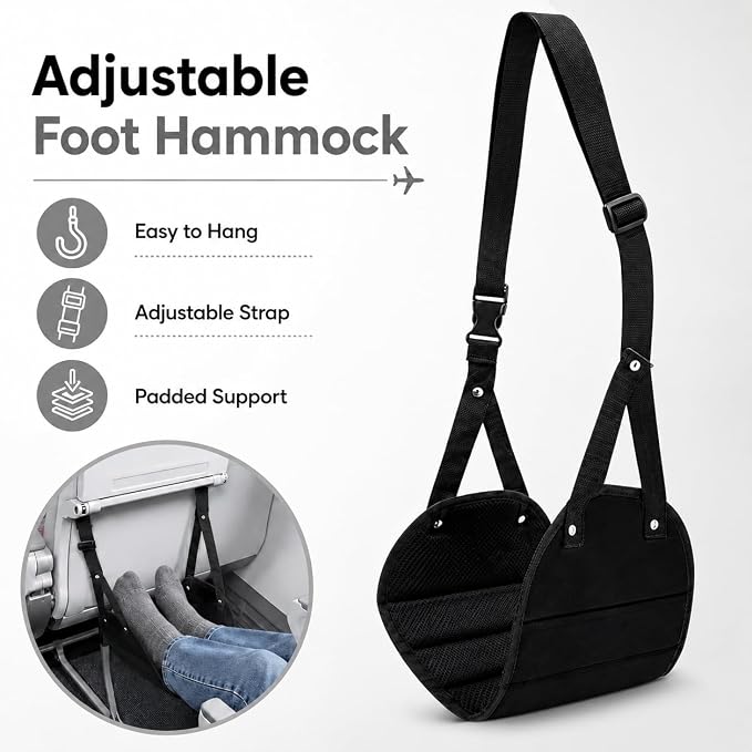 Travel Pillow and Blanket Set - Foot Hammock Rest Airplane Essentials Black | Memory Foam Neck Pillow Plane Foot Rest Airplane Accessories Essentials, Foldable Duffel Bag Eye Mask Earplugs for Comfort - Image 6