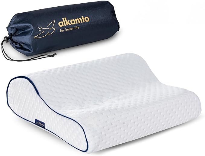 alkamto Travel & Camping Comfortable Memory Foam Pillow – Easy to Carry Portable Bag – Temperature Regulating Pillow Case (White Contour) by Alkamto
