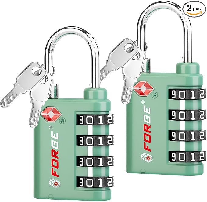 Forge Dual-Opening: Key or Combination Lock, TSA Approved Lock for Luggage, Pelican case, Travel, Gym, School, Luggage Combination Lock, Travel Bag Lock (Green 2 Pk) by Forge