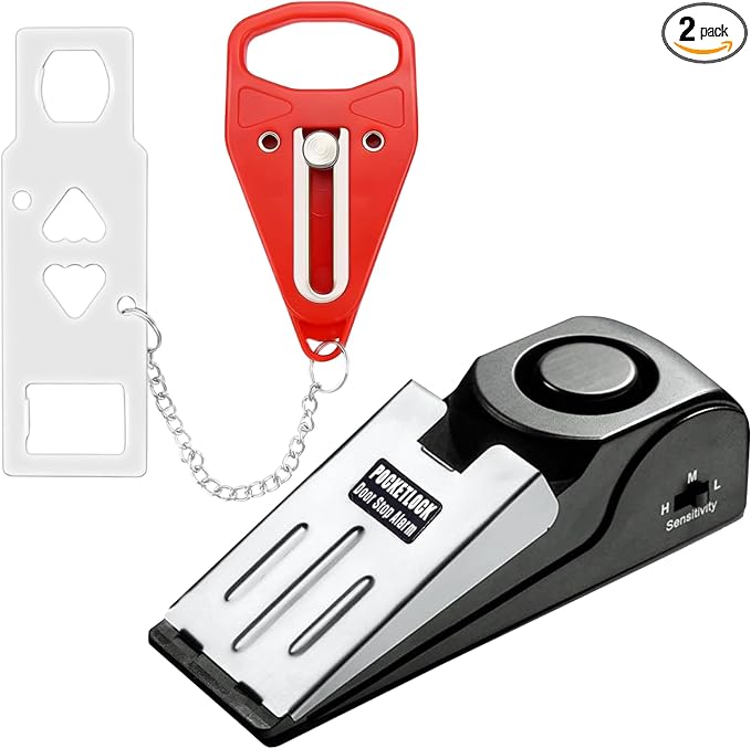 Portable Door Lock + Door Stop Alarm Set – Travel Safety Kit for Hotel Rooms, Home, Dorms & Apartments – (Red, Lock + Alarm) by PocketLock