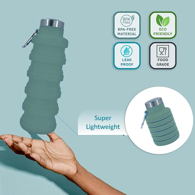 Collapsible Water Bottles 17oz, Odorless BPA-Free Silicone, Leak-Proof Foldable Reusable Bottle - Perfect for Travel Sports Gym Hiking Camping Cycling - Light Taupe - Image 4