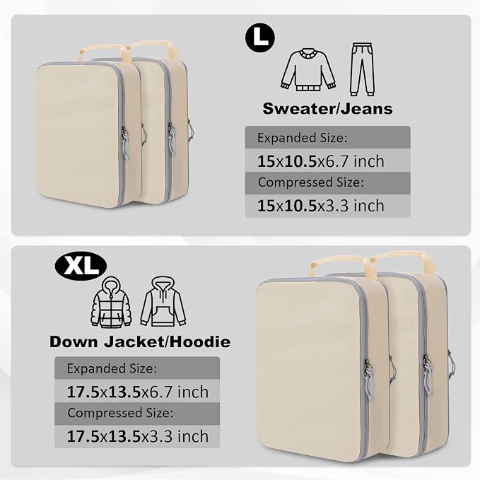 Compression Packing Cubes for Travel Suitcase Organizer Bags, Beige, XL | Expandable Travel Cubes for Packing Luggage Organizer Bags Compression Bags for Travel Essentials - Image 2