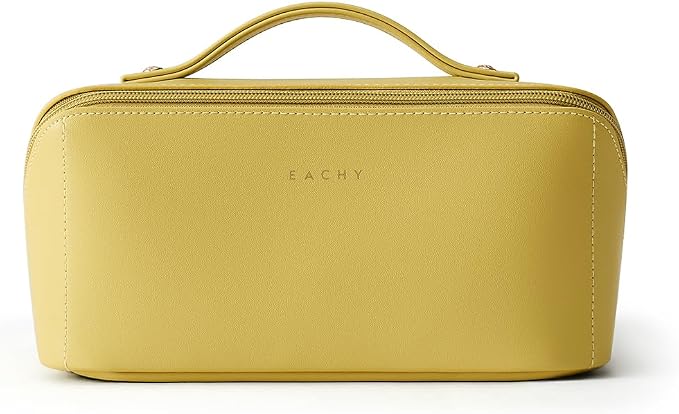 EACHY Travel Makeup Bag for Women, Flat Open Cosmetic Bag, Green, Medium | PU leather organizer with flat-open access, storage pockets and clear TPU brush compartment for daily makeup and toiletries - Image 5